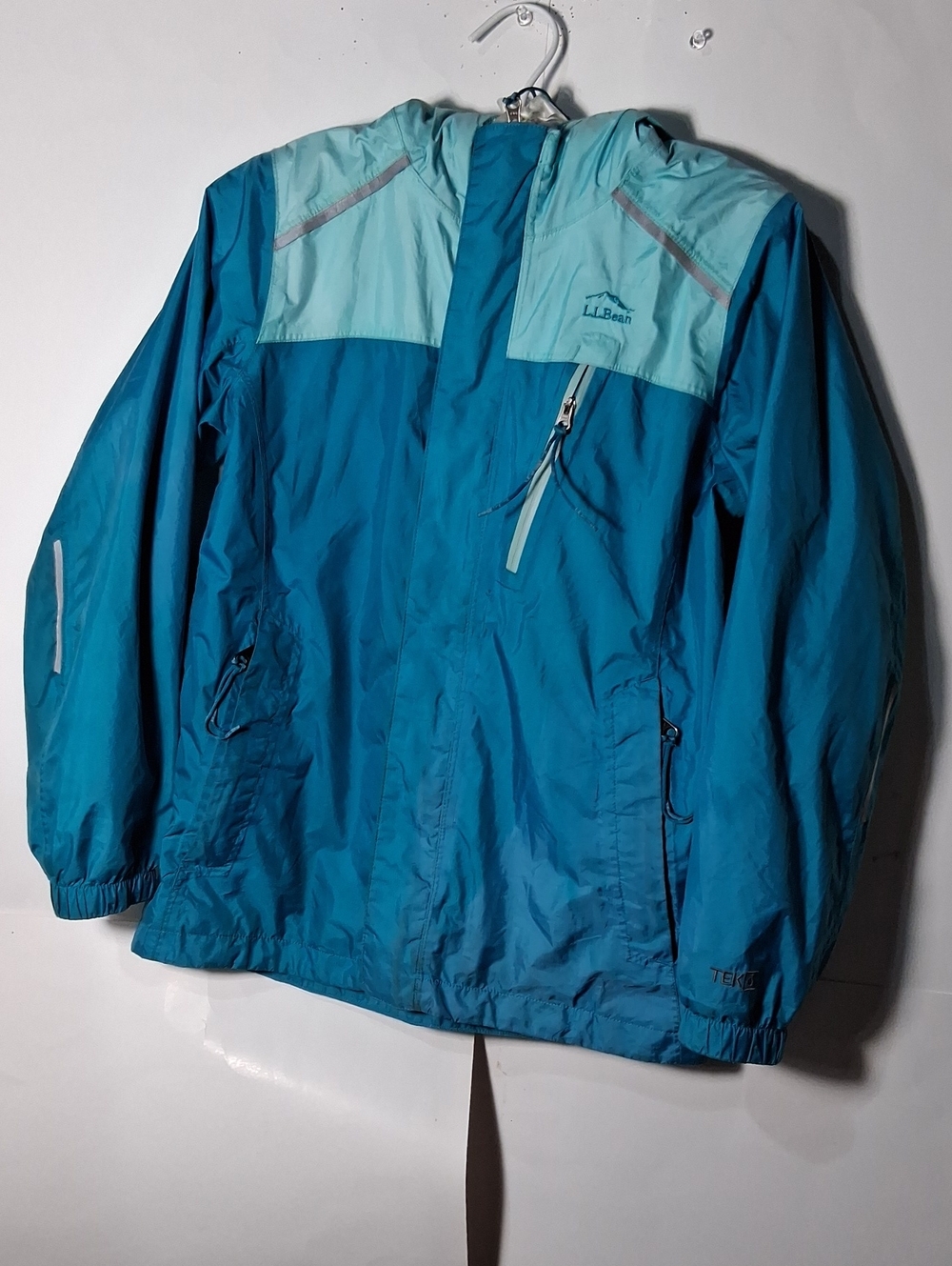 L.L. Bean Kids' Teal and Light Teal Hooded Rain Jacket